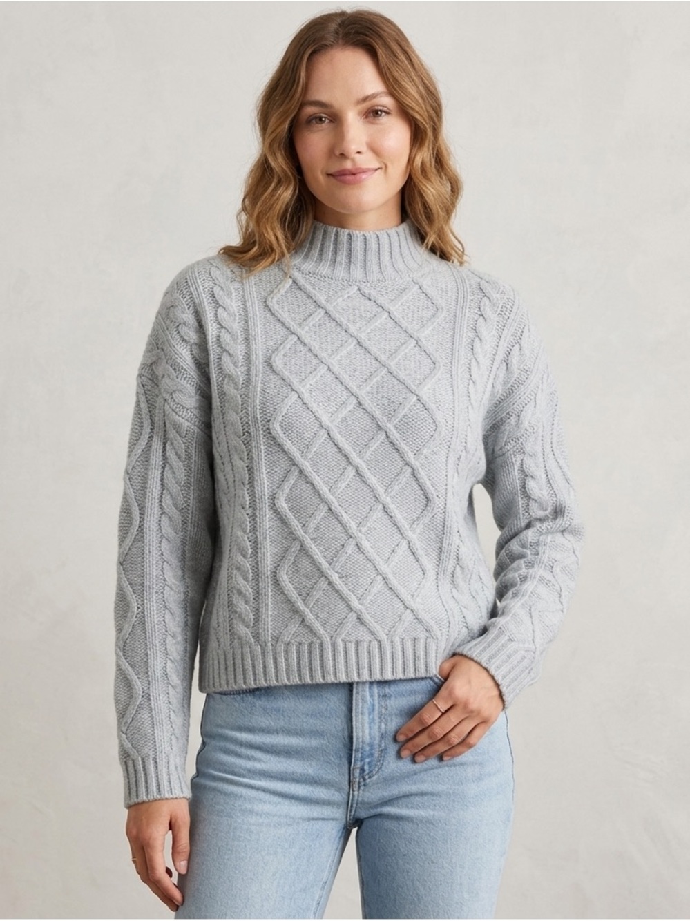 Light Gray Cable Knit Mock Neck Sweater